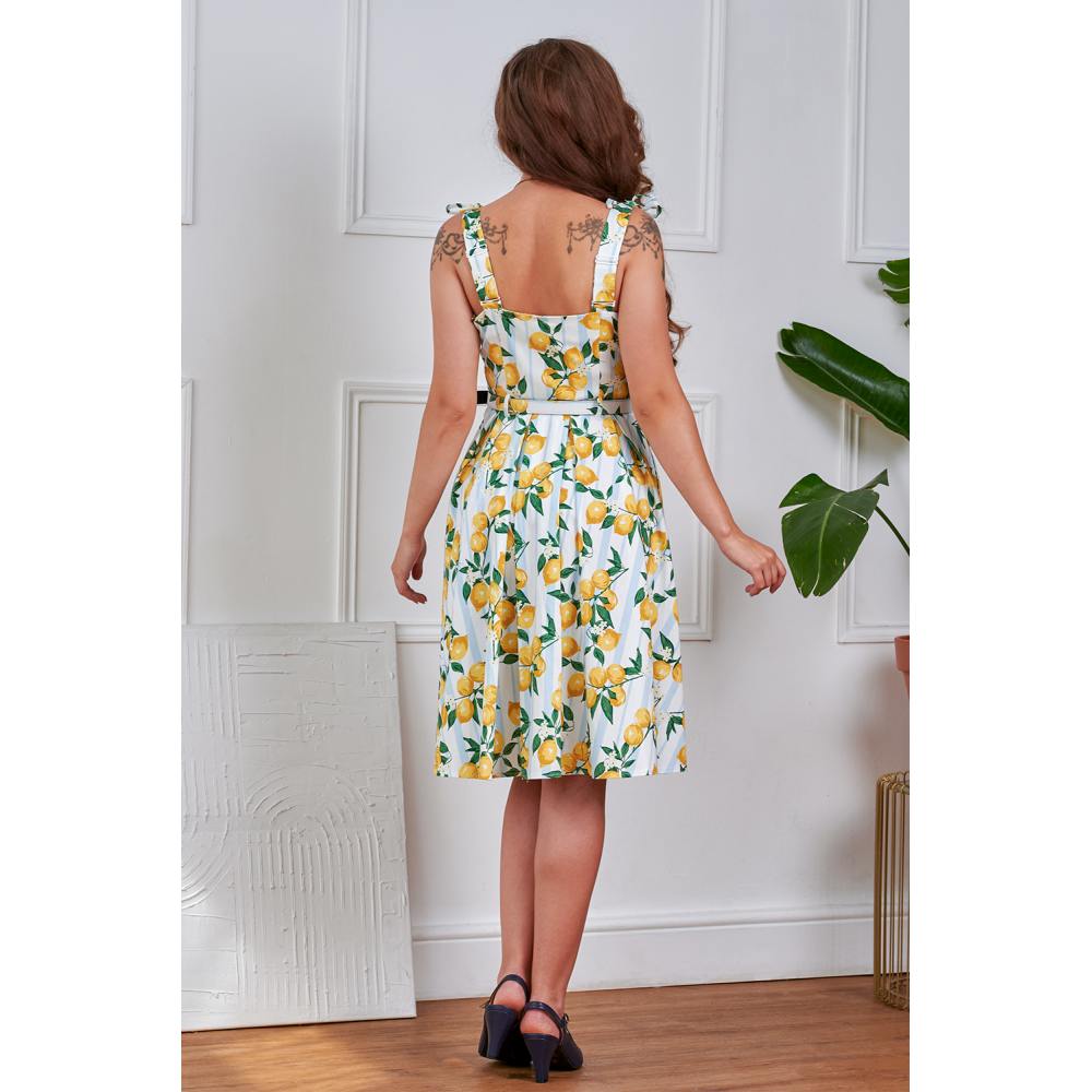 Banned - June Lemon And Stripes Swing Flare Kleid - Creme